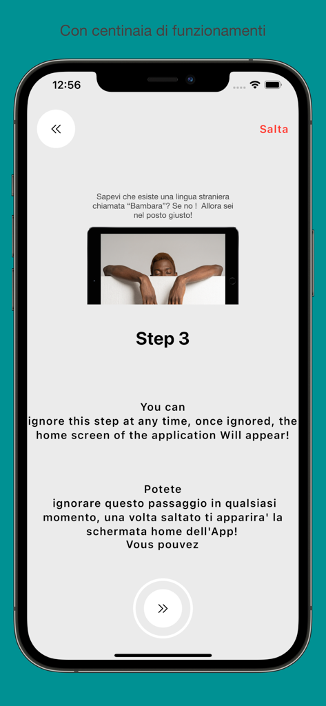 Bambara - Pantalla de incorporación de la aplicación de aprendizaje de idiomas Bambara que muestra el paso 3 con instrucciones multilingües en inglés, italiano y francés.