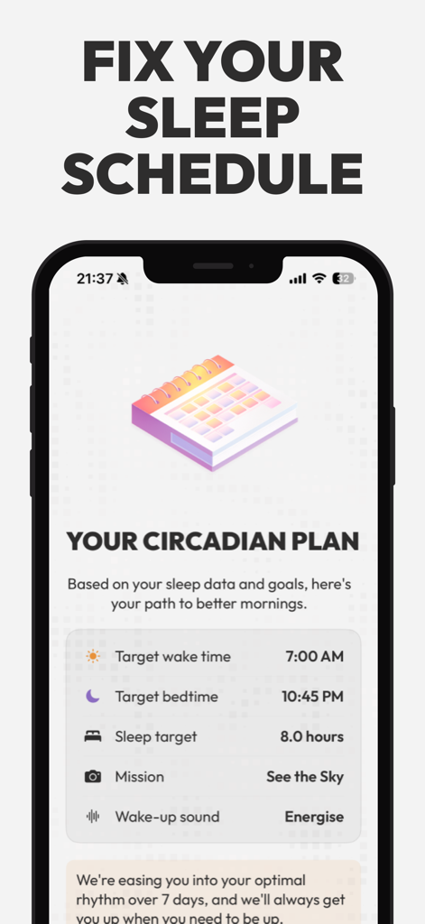 Circadian Alarm: Wake Up Early - A personalized circadian plan on a mobile screen showing target wake times and bedtimes to fix sleep schedules
