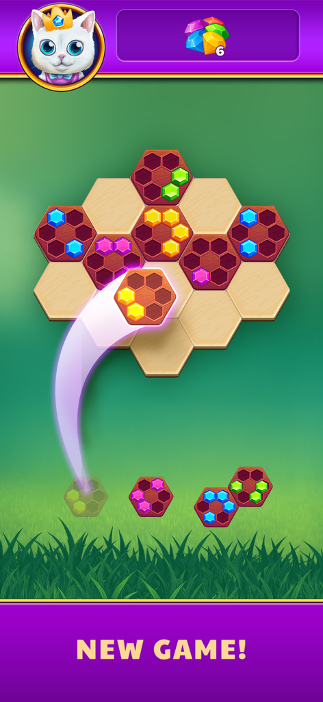 Hexa Diamonds - Gameplay screenshot of Hexa Diamonds featuring a hexagonal board and colorful gems