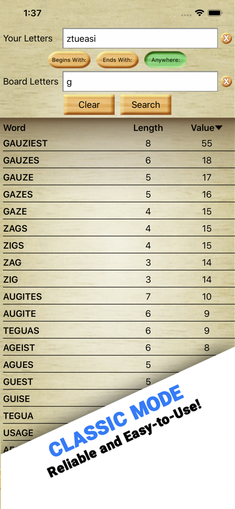 Resultados de búsqueda de palabras de Scrabble en la interfaz clásica de Word Breaker
