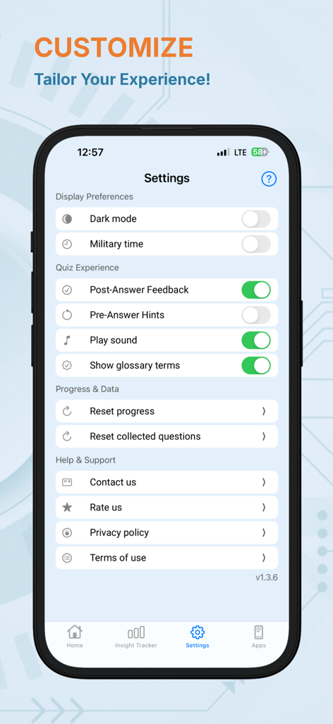 CCNP Exam Ready - La pantalla de configuración de la aplicación CCNP Exam Ready mostrando opciones para comentarios del cuestionario, modo oscuro y seguimiento del progreso