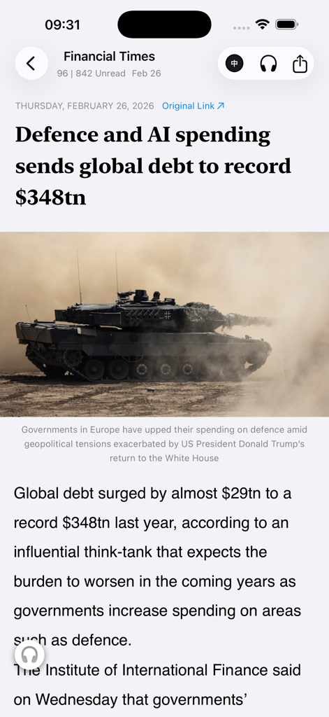 Financial Times article about global debt and defense spending displayed within the ONews mobile app interface