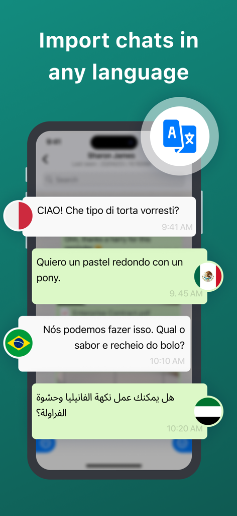 Screenshot of WT Chat app interface showing imported chat messages in Italian Spanish Portuguese and Arabic with corresponding country flags