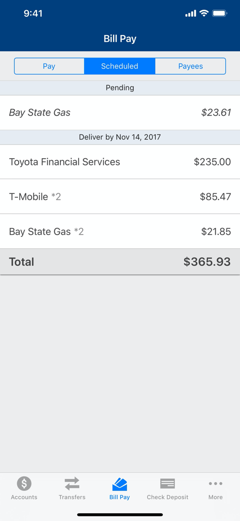 CBTx Mobile Banking - CBTx Mobile Banking app interface showing a list of scheduled bill payments including gas and utility bills