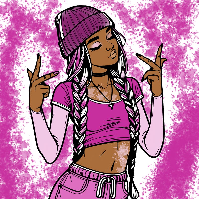 realistic teenage girl with braids and a beanie and crop top doing 🫶🏼