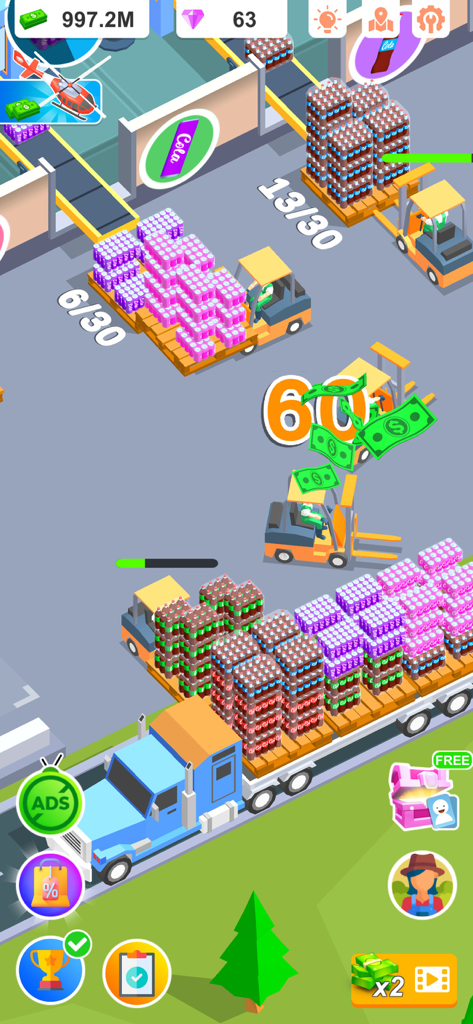 Idle Beverage Empire - Des chariots élévateurs chargeant des caisses de soda sur un camion de livraison dans un jeu de simulation d'usine