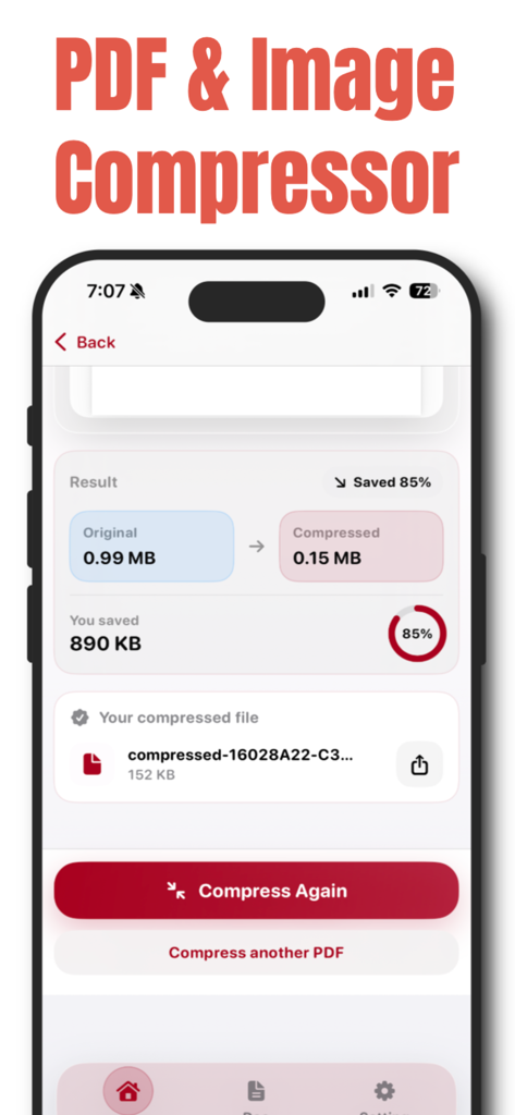 PDFファイルサイズが0.99MBから0.15MBに削減され、85%節約されたことを示すモバイルアプリ画面。