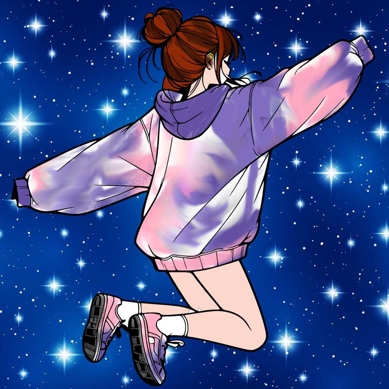 realistic girl jumping with a bun and oversized sweatshirt