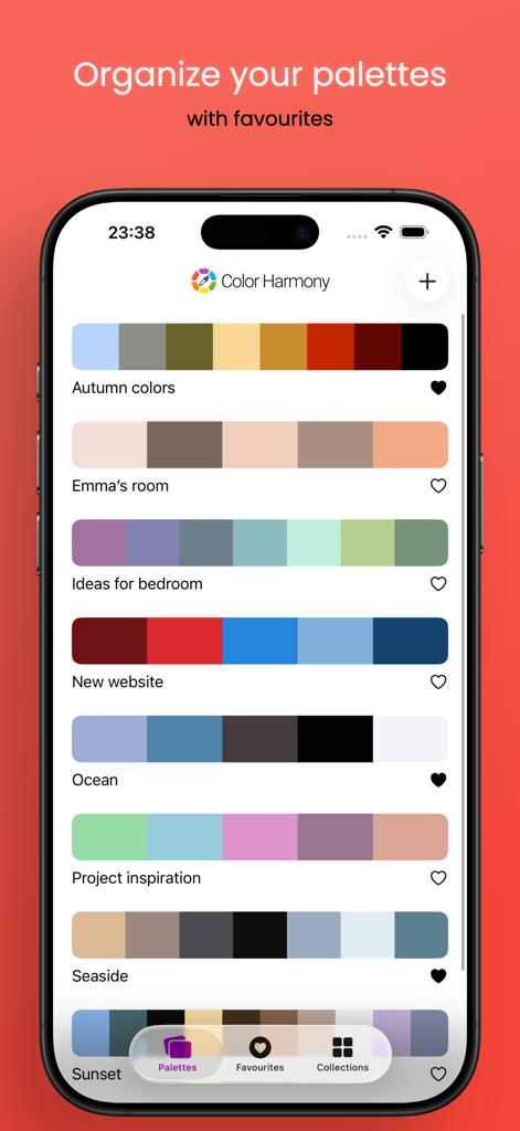 Tela de smartphone exibindo uma lista de paletas de cores organizadas para projetos de design e inspiração de decoração de interiores