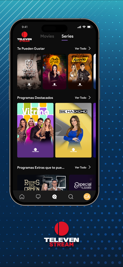 Smartphone displaying the series section of the Televen Stream app featuring Venezuelan television programs