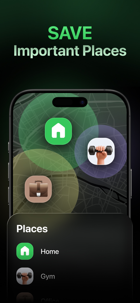 Location Tracker & GPS - Lokka - Lokka app interface showing saved locations like home and gym on a map tracker