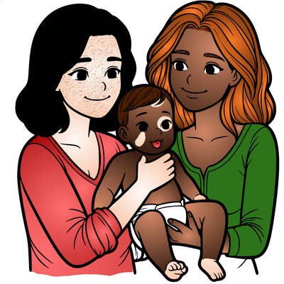 two realistic women holding one baby together