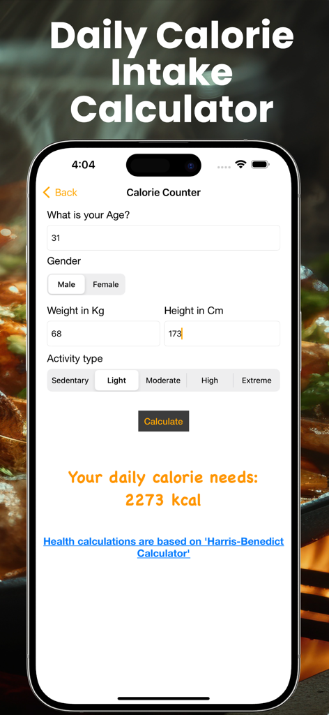 Air Fryer Recipes - Low Fat - Smartphone screen showing the daily calorie intake calculator feature with fields for age, weight, and activity level.
