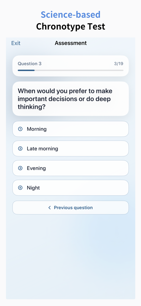 Body Clock: Chronotype Test - Assessment screen of the Body Clock app showing a chronotype test question about peak productivity hours.