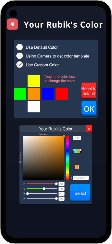 Easy 3x3 cube Solver - Custom color picker and cube face layout settings in the Easy 3x3 cube Solver app