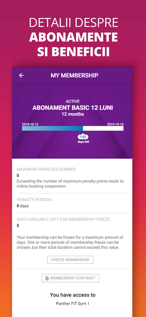 UPfit.today - Schermata dell'app UPfit today che mostra i dettagli e lo stato dell'abbonamento in palestra