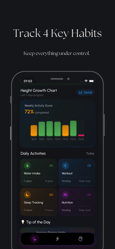 Panel de seguimiento de hábitos en la aplicación Longer que muestra el progreso del crecimiento de la altura y los objetivos de actividad diaria para la ingesta de agua, el ejercicio, el sueño y la nutrición.