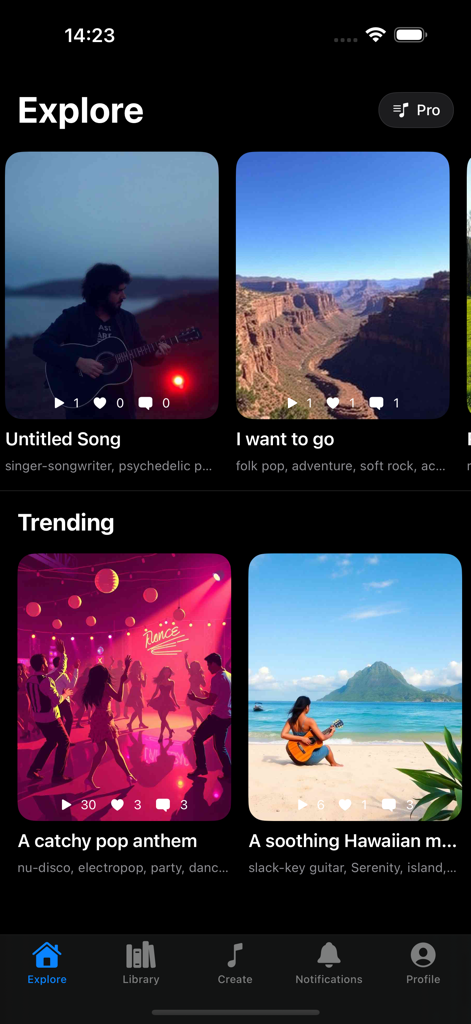 Melo - AI Song Generator - Interface do aplicativo Melo AI Song Generator mostrando as seções Explorar e Tendências com várias faixas geradas por IA e suas métricas de engajamento social.