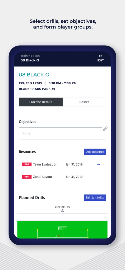 PlayMetrics - PlayMetrics mobile app interface for coaches to plan sports practices and set training objectives