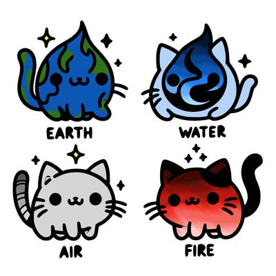 4 cats that represent the different elements, earth, water, air, and fire