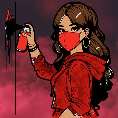 realistic girl with mask spray painting a wall