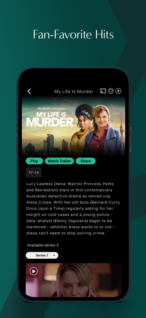 Acorn TV Mobile App-Bildschirm mit Details zur Krimiserie My Life Is Murder