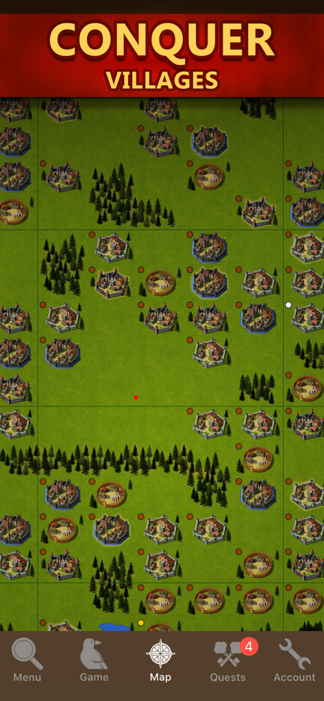 Tribal Wars - A strategic map view in the Tribal Wars mobile app showing medieval villages and forests on a green grid for tactical conquest.