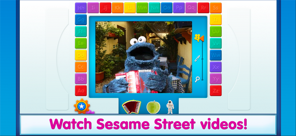 Elmo Loves ABCs - Cookie Monster playing an accordion in a video clip on the Elmo Loves ABCs educational app