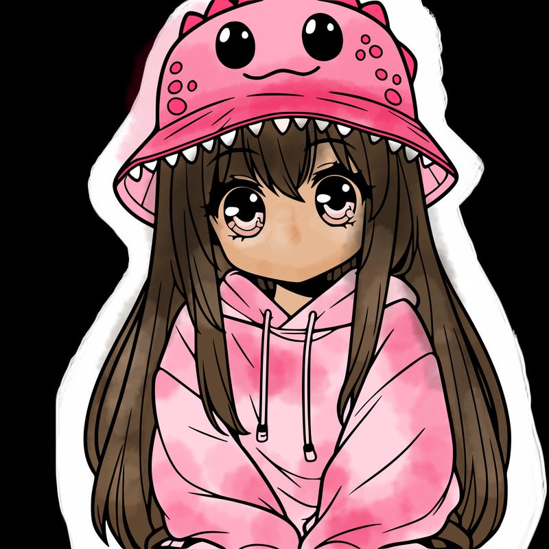 girl with anime shaped eyes with a dinosaur bucket hat oversized sweatshirt long straight hair