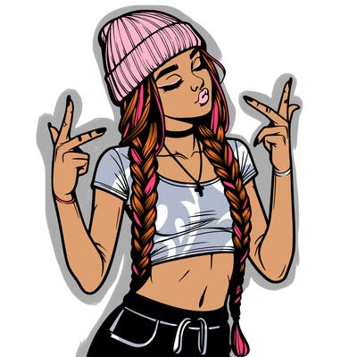 realistic teenage girl with braids and a beanie and crop top doing 🫶🏼