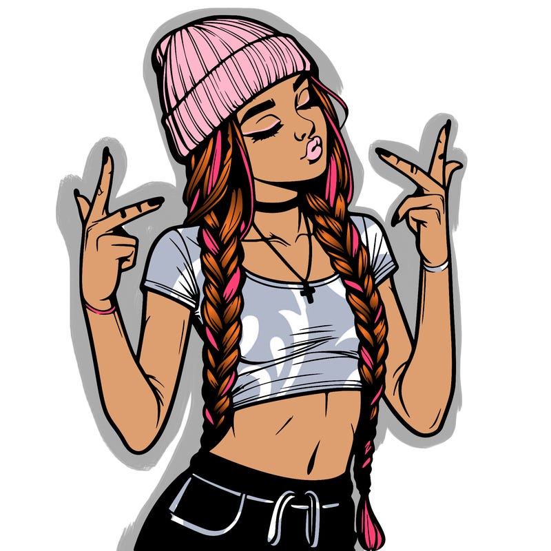 realistic teenage girl with braids and a beanie and crop top doing 🫶🏼
