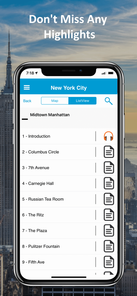 New York City GPS Audio Tour - A list of New York City landmarks and tour highlights in the GPS Audio Tour app