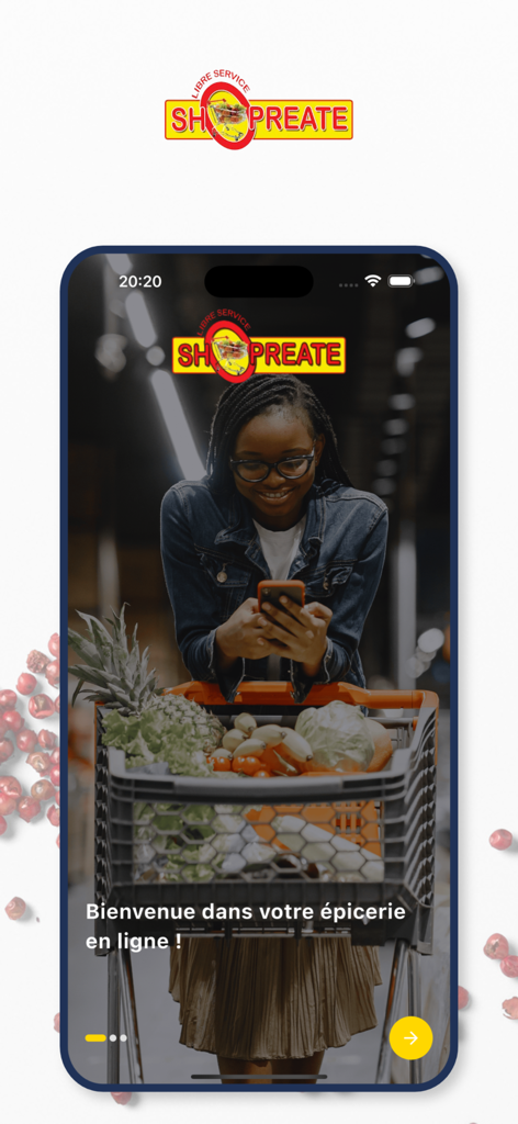 Shopreate - Store - Shopreate app welcome screen showing a woman with a grocery cart and smartphone