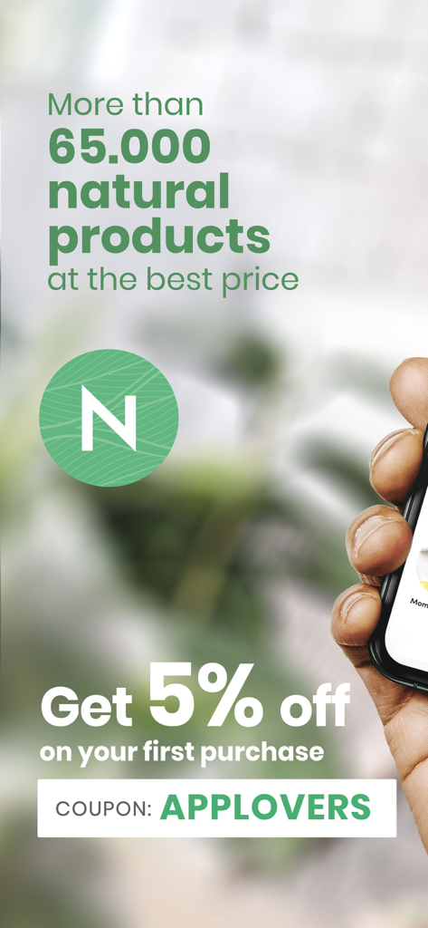 Naturitas: Natural Health - Naturitas app promotion offering 5% off first purchase of natural products with coupon code APPLOVERS