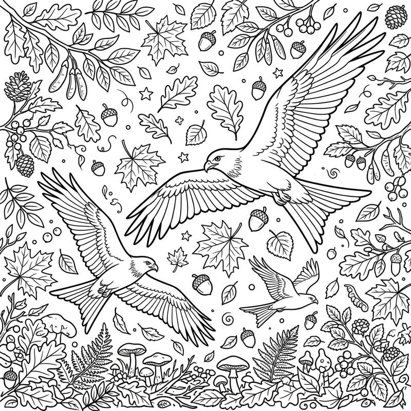 Capture the essence of autumn with this beautiful coloring page featuring majestic kites soaring through a forest filled with fall foliage. Discover intricate details of falling leaves, acorns, and berries, ready for your creative touch.