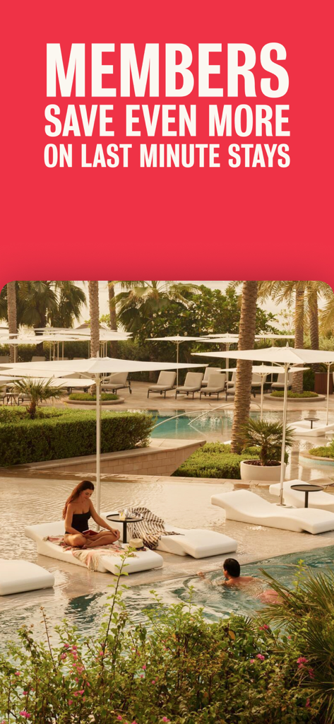 Image promotionnelle Hotels.com montrant des réductions pour les membres pour des séjours de dernière minute avec un arrière-plan de piscine de complexe de luxe.