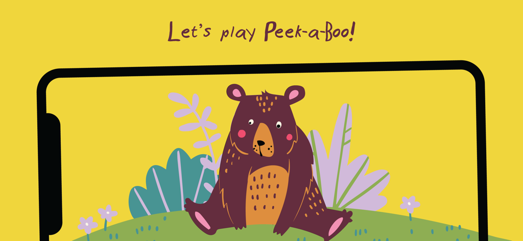 Peekaboo Barn - Baby Books - A cute brown bear illustration on a smartphone screen for the Peekaboo Barn interactive baby book app