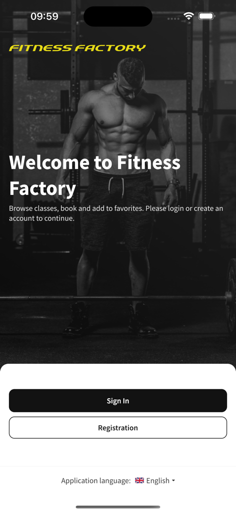 Fitness Factory - フィットネスファクトリーアプリのウェルカムスクリーン、サインインと登録ボタンが表示されています