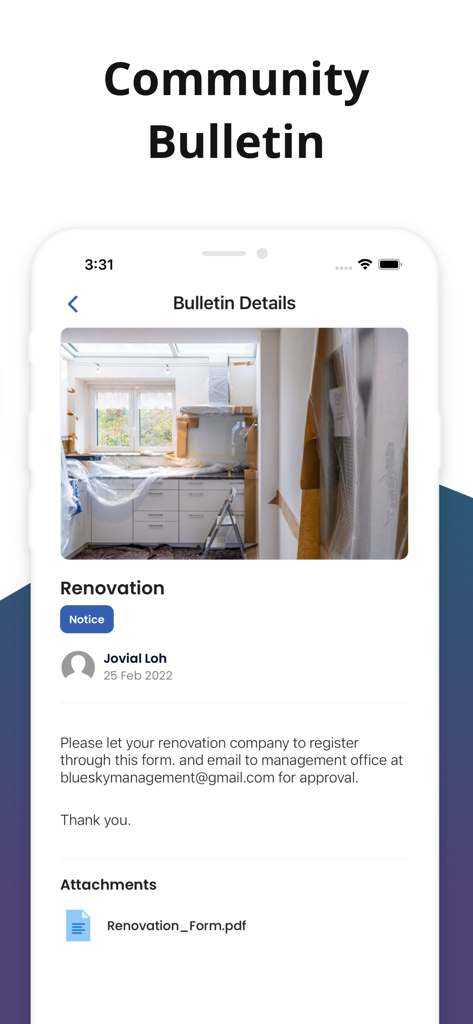 Veemios app screen displaying a renovation notice on the community bulletin board