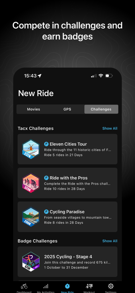 Interface of the Tacx Training app showing virtual cycling challenges and achievement badges