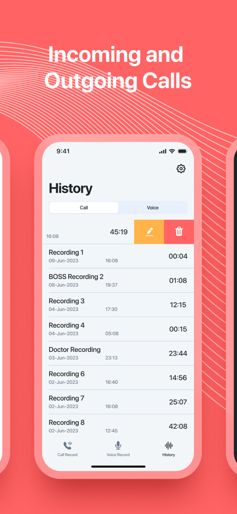 Call Recorder for iPhone Pro history screen showing a list of recorded incoming and outgoing calls with dates and durations.