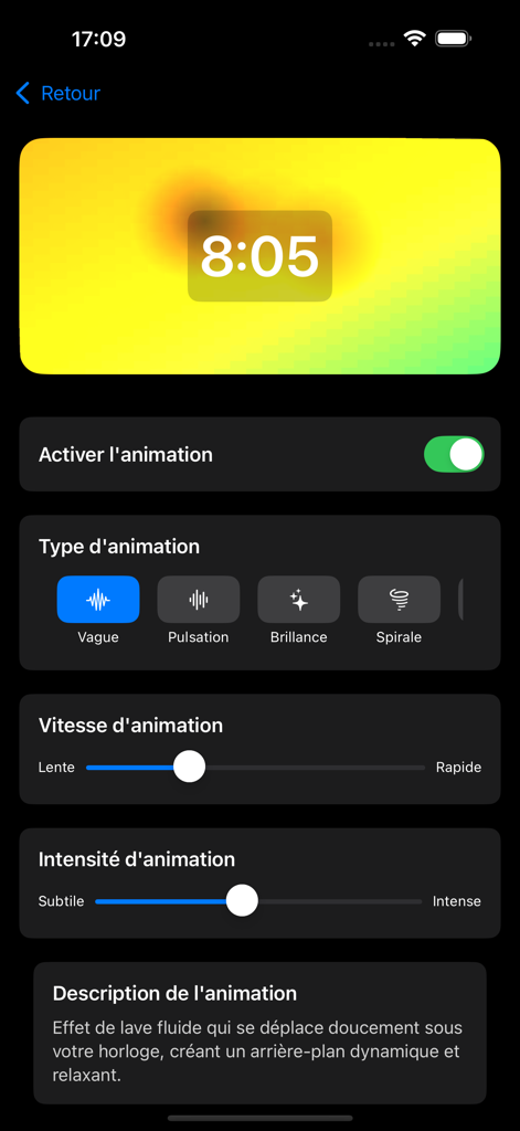 Lava Clock - Interfaz de la aplicación Lava Clock que muestra la configuración de animaciones de fondo fluidas con controles de velocidad e intensidad.
