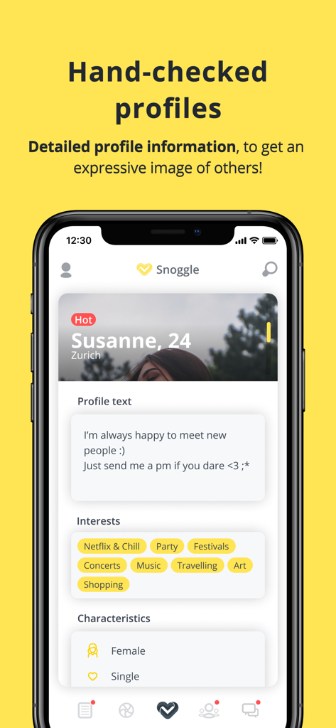 Ein detailliertes Benutzerprofil in der Snoggle-Dating-App, das persönliche Interessen und Eigenschaften zeigt