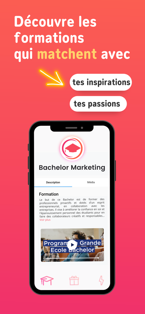 Orientation Parcoursup & Bac+3 - Interface de l'application mobile StudyMatch montrant le profil d'un Bachelor en Marketing avec description du programme et vidéo.