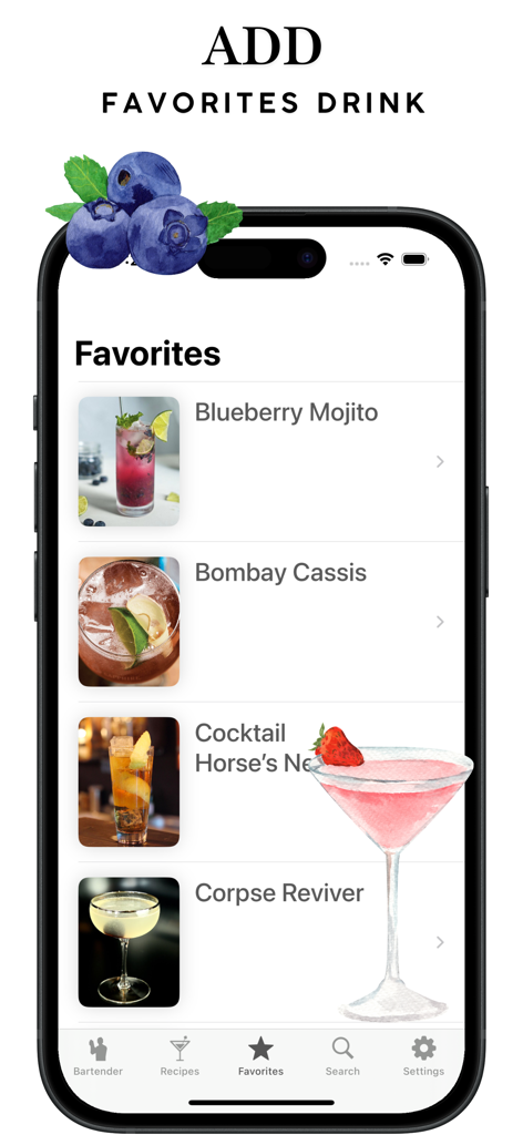 Bartender 앱에서 좋아하는 칵테일 레시피 목록을 표시하는 iPhone 화면
