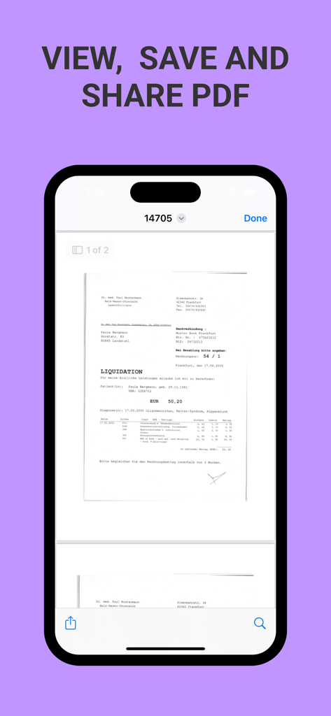 Photo to PDF Converter * - A mobile interface showing a preview of a converted PDF document with options to share and save
