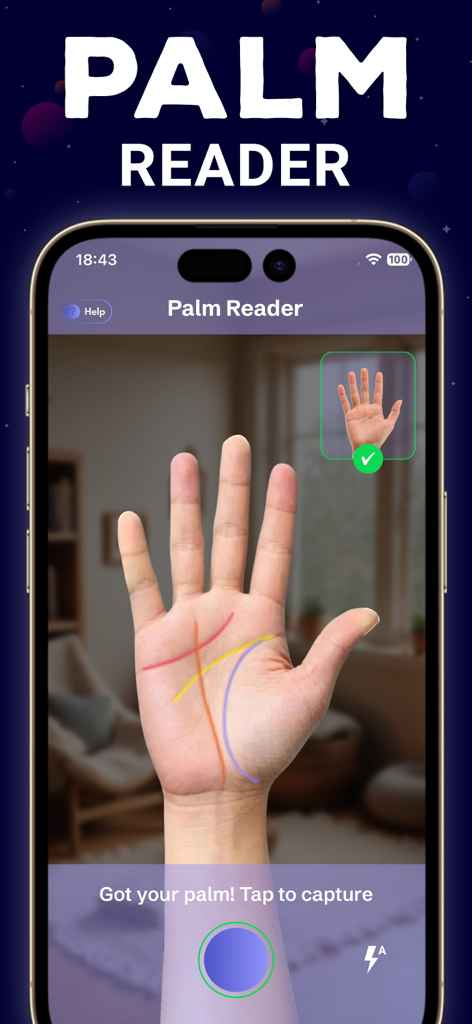 Palm Readerアプリのインターフェースが、手相の線を特定するために手をスキャンしている様子