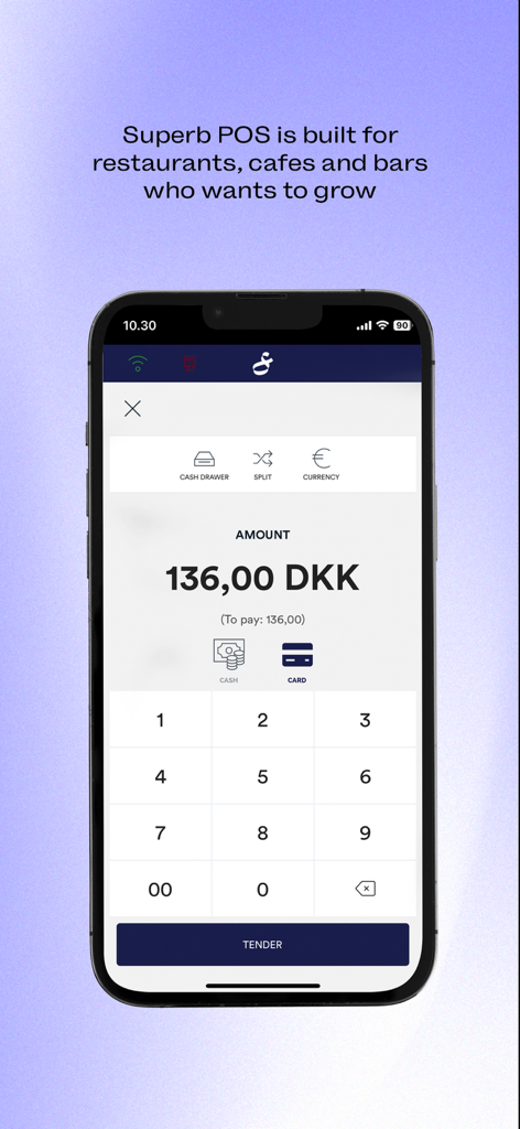 Superb POS - Interfaz móvil de Superb POS para pagos y cobros en restaurantes.