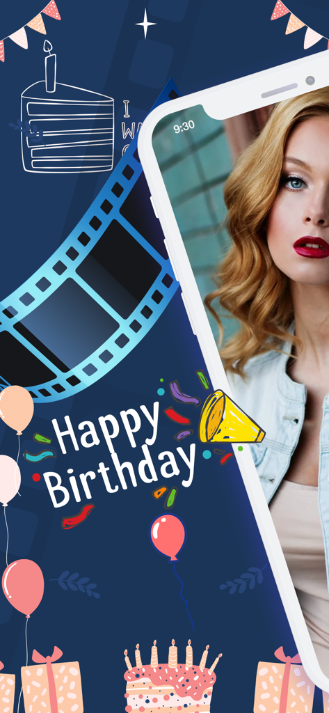 Birthday Video Maker Music - Happy Birthday video maker app interface with festive cake and balloons graphics