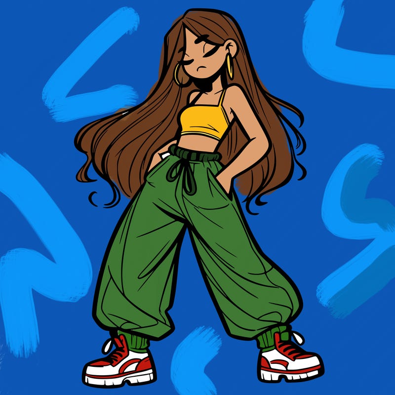 girl in baggy pants crop top and long hair
